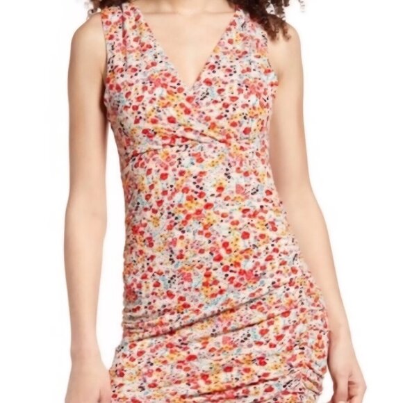 Leith Floral Fall Burnt Orange boho bodycon ruched lined v neck slimming dress L - Picture 1 of 11